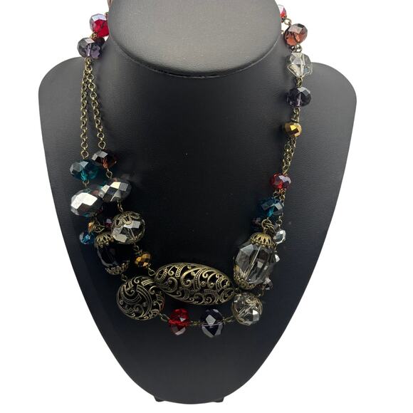 Vintage Inspired Statement Beaded Necklace Gold-Tone Filigree Beads - Picture 1 of 3